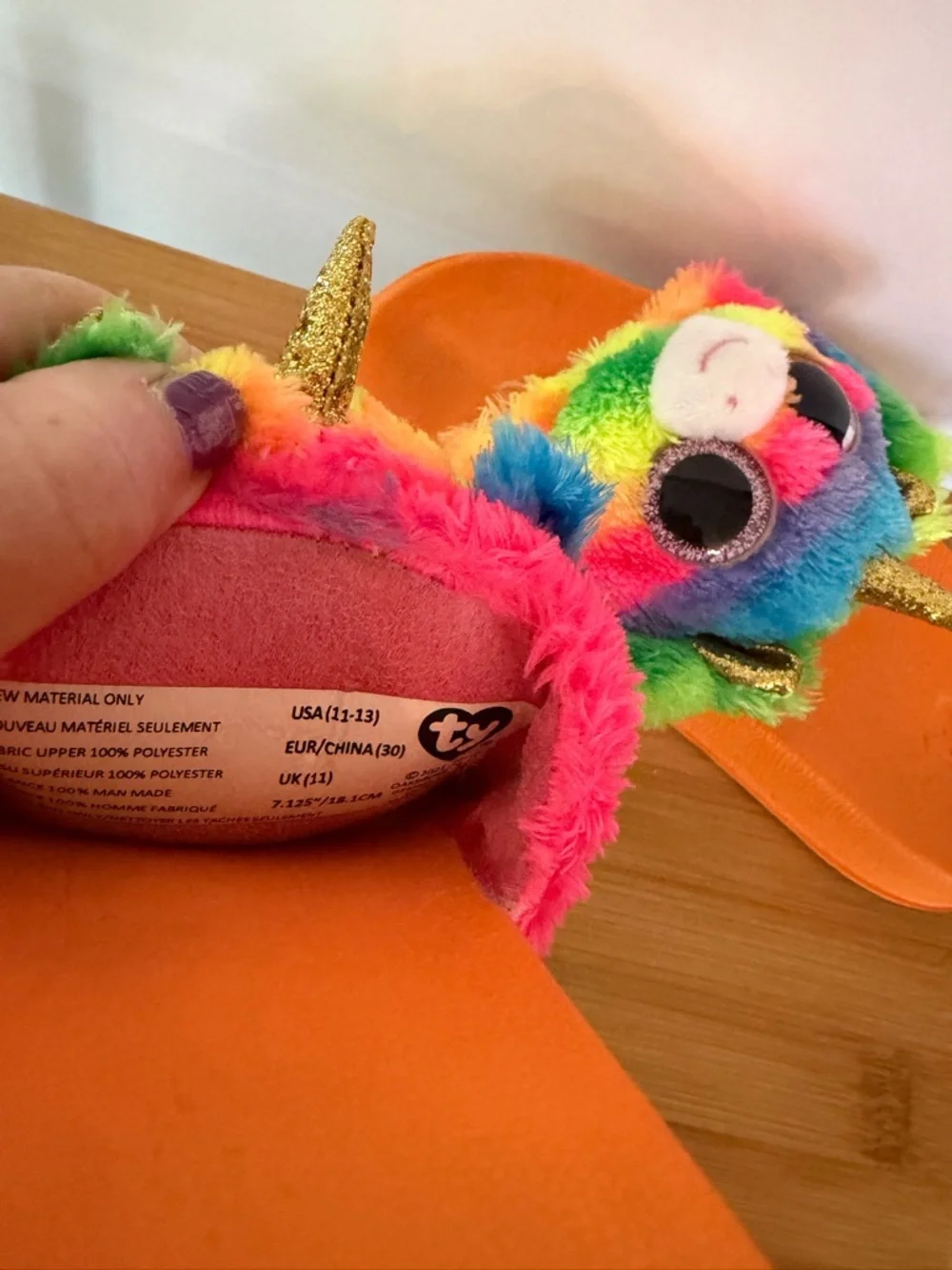 Ty Gemma Kids Toddler Girl Sz 11-13 Rainbow Unicorn Plush Slide Sandals Orange